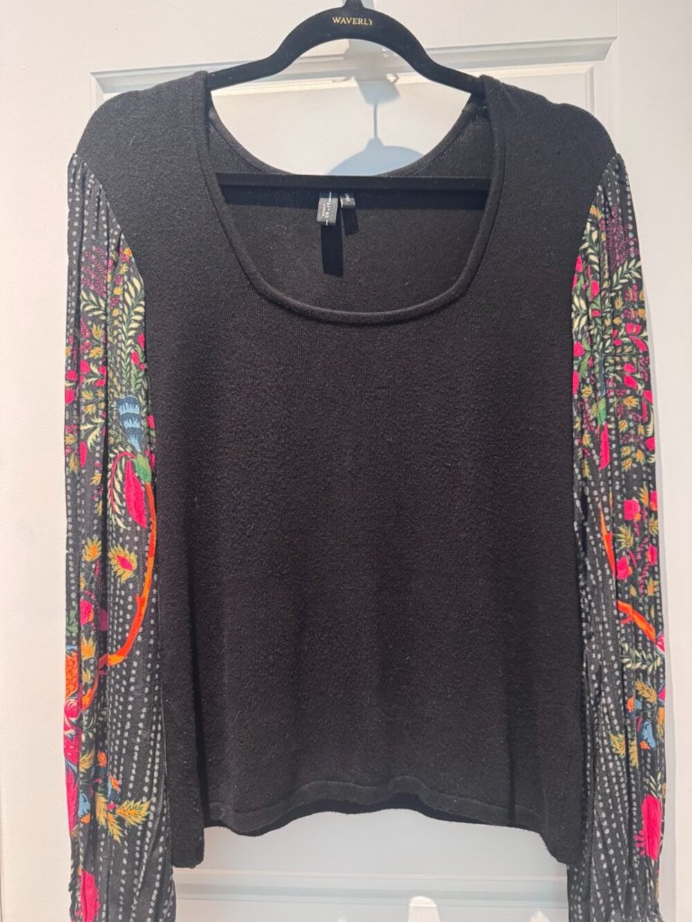 Blank London Black Sweater Top Floral Balloon Sleeves Large Boho Lightweight